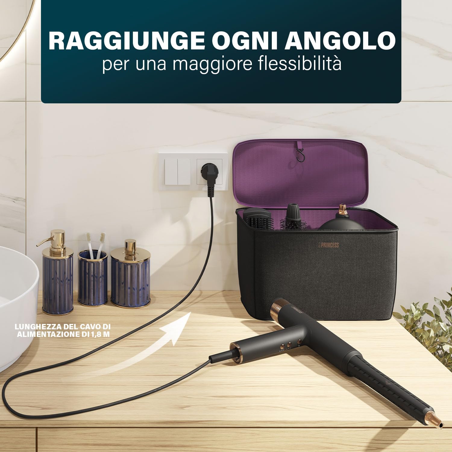 Princess Airstyler Pro, 7-in-1, 3 Livelli di Calore e Velocità, Funzione Ionica, Cool Shot, Cavo 1,8m, Custodia da Viaggio, 7 Accessori, Guanto Termico, Motore BLDC, 2000 W, 01.529205.01.001