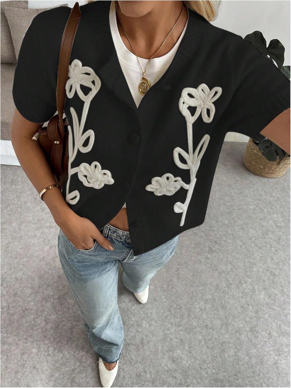 Verdusa Floral Embroidery Cozy Short Sleeve Sweater for Women Button Up Lightweight Cardigans