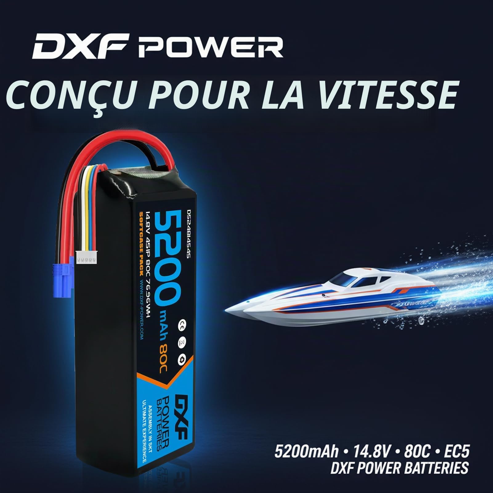 DXFBatterie LiPo 4S 14.8V 5200mAh 80C Connecteur EC5 - Pack de 2 Batteries Rechargeables Haute Décharge pour Voiture RC 1/10 1/8 Buggy Truggy Monster Truck Avion Hélicoptère Drone FPV
