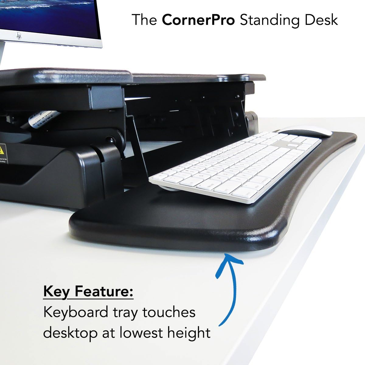 Corner Standing Desk for L-Shaped Desks | Height Adjustable Fits 2 or 3 Monitors 46" Desk Riser with Wide Keyboard Tray | Sit to Stand Desk in Black (Black, 46" Wide Corner)