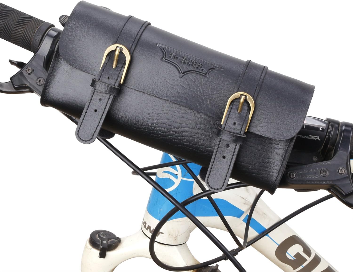 UNISTRENGH Retro Bike Handlebar Bag PU Leather Waterproof Pannier Bicycle Basket Front Pack Vintage Seat Rear Bags for Mountain Road MTB Bikes (Black(22.2 x 9.8 x 6 cm))