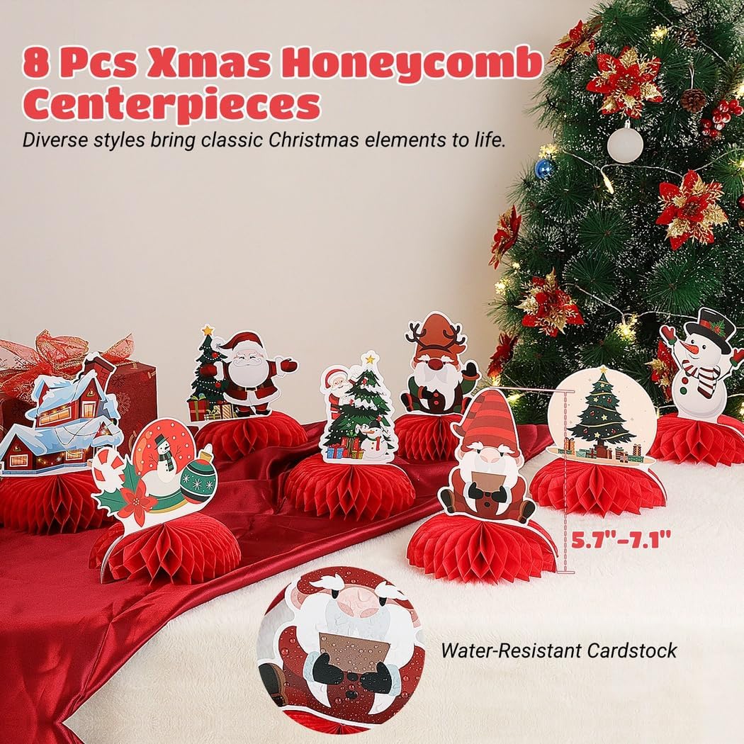 3 in 1 Candle Holder, 8 Pcs Table Centerpieces, Christmas Candle Holder, Red Berries Ribbon Bows, Home Christmas Decorations, Santa Claus Xmas Honeycomb Centerpieces, Warm White Light String