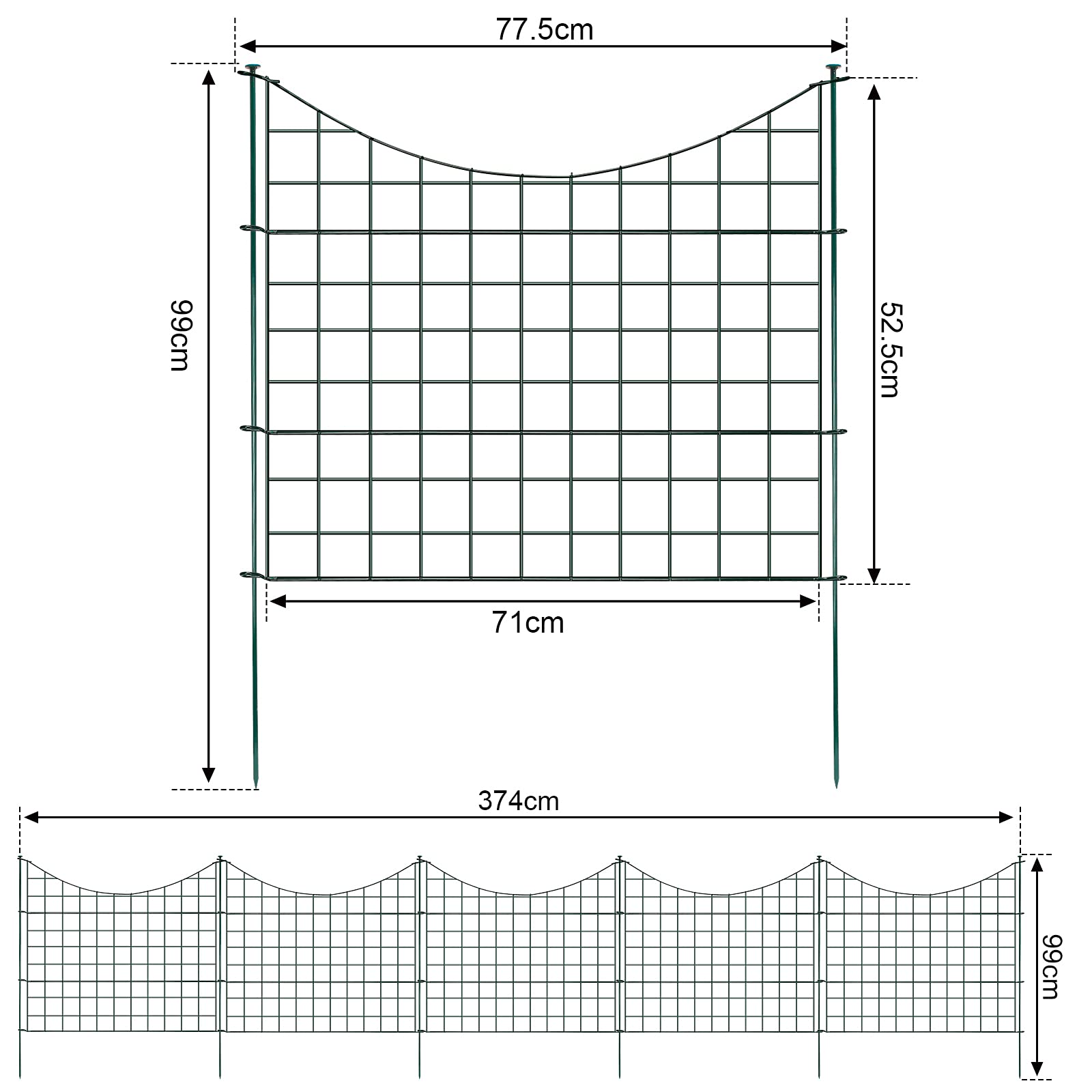 Teichzaun Gartenzaun, 10 Stück Gartenzäune Dekorative Metall 22 Zaunelemente- 10 Zaunelemente 12 Befestigungsstäbe, Länge 7,5 m Zaun für den Garten, Zaun für Hunde (Unterbogen, Grün)