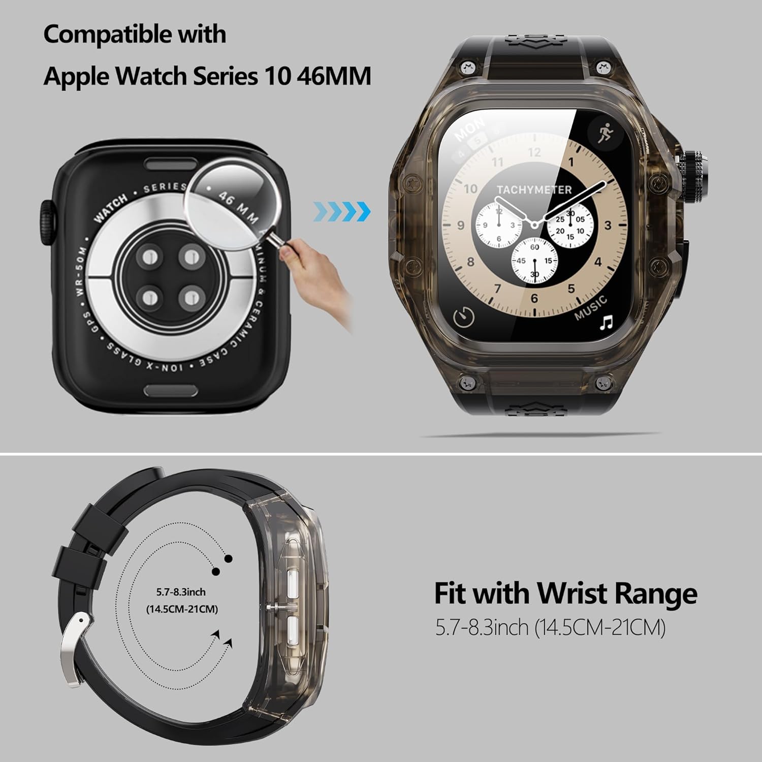 ShellBox Rugged Watch Case, Built-in Screen Protector Waterproof Shockproof Band Strap for Apple iWatch Series 10 46MM, Women Men Silicone Bumper iWatch Band with Case Cover, Clear-Black - Image 2