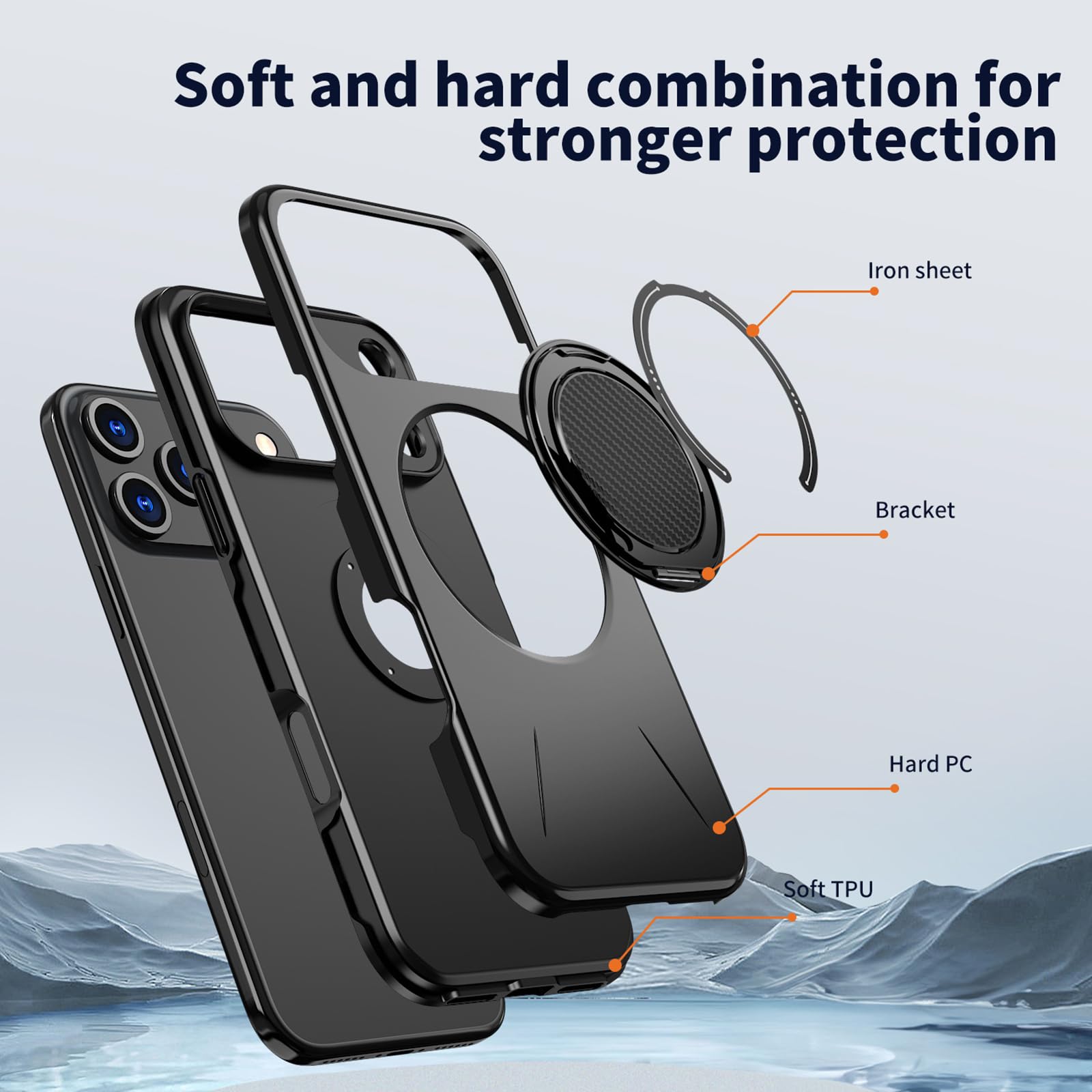 Magnetisch Hülle für iPhone 17 Pro Max/17 Pro/17 Air/17, Militär Stoßfeste rutschfeste Schutzhülle mit Drehbarer Ringhalter Handyhülle,Schwarz,17 Air