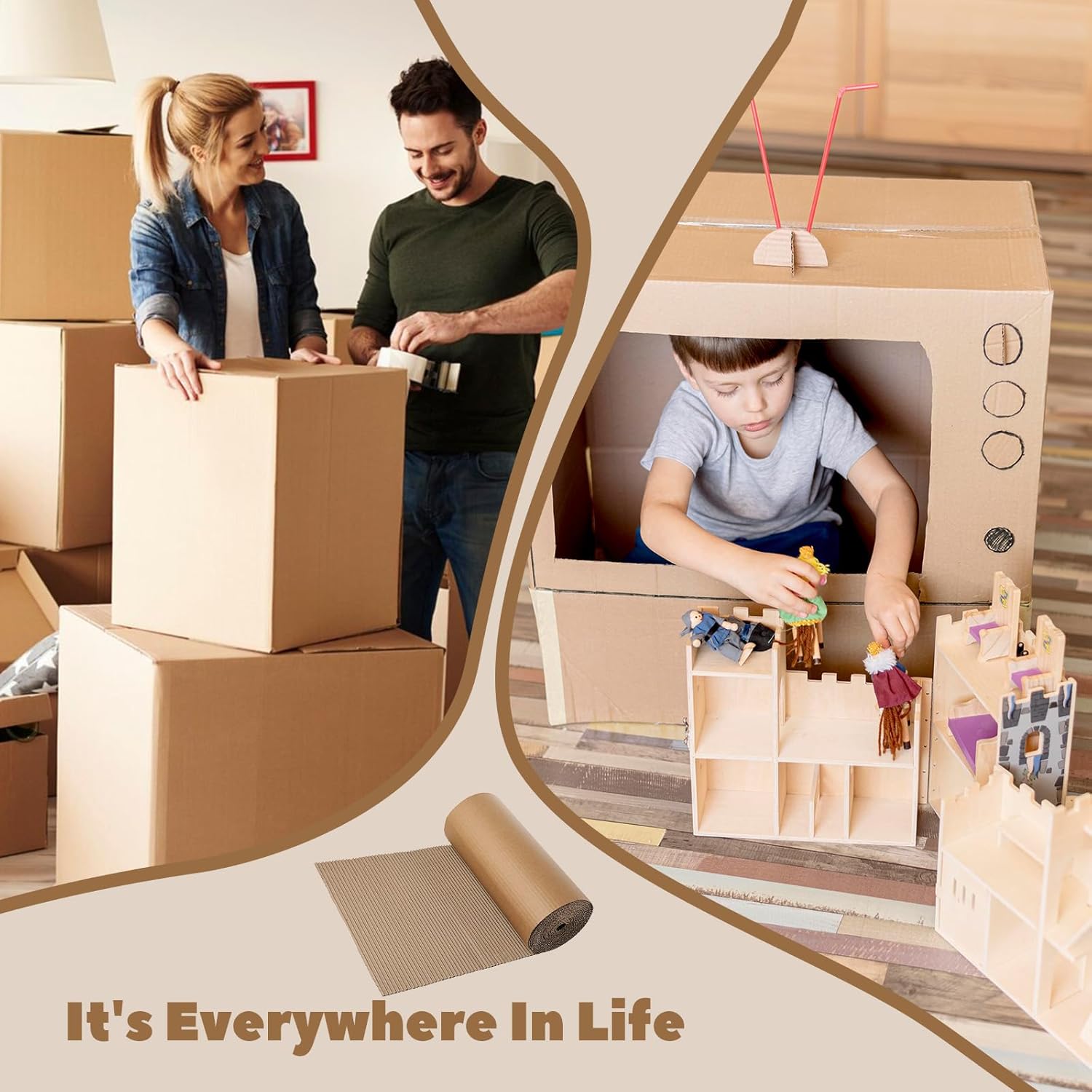Corrugated Cardboard Roll 2 Rolls 12x197 Inch Single Face B Flute Shipping Corrugated Paper Heavy Duty Large Thick Cardboard Roll Wrap for Christmas Gift Packing, Storage, Shipping, Mailing, DIY Craft