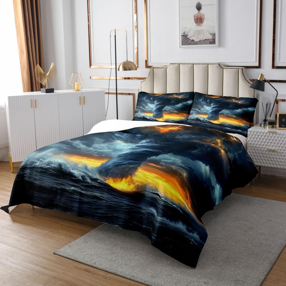 Erosebridal Tornado Quilt Set Queen Size for Kids Teens Adults,Natural Disaster Coverlet Set,3D Lightning Hurricane Bedspread Set,Horror Themed Bed Cover