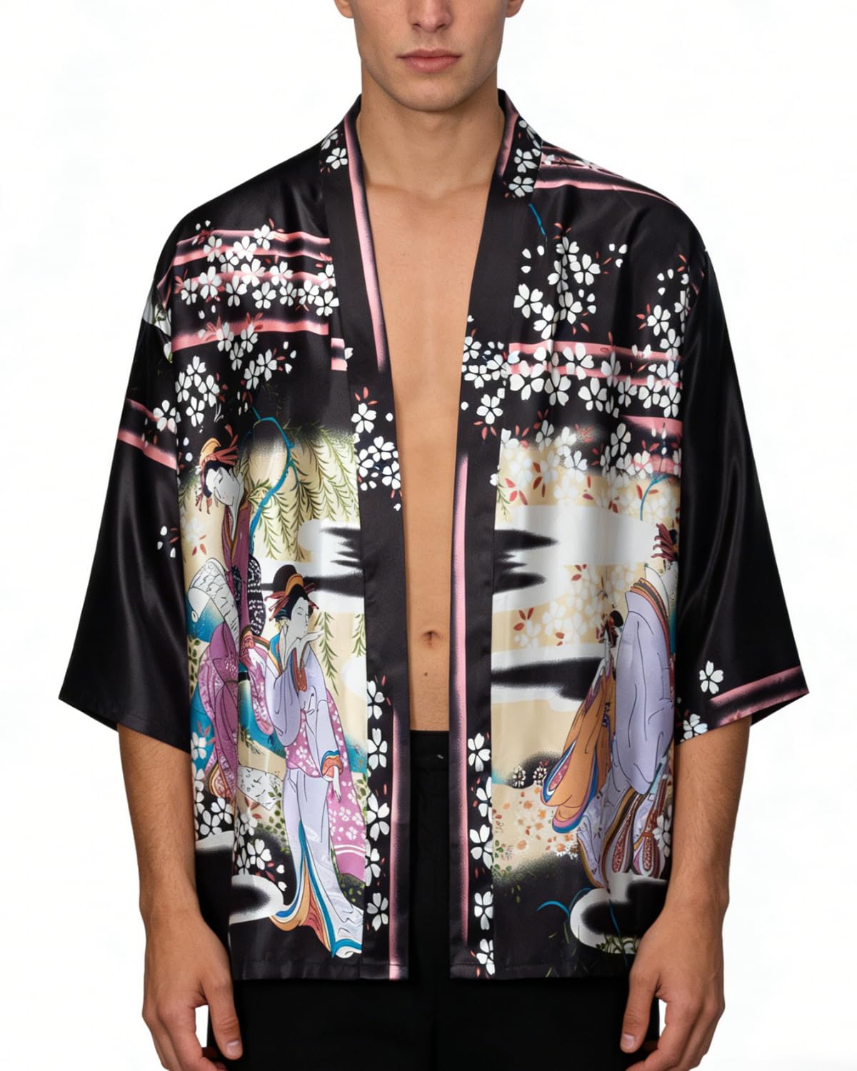vogmate Men's Kimono Robe Silky Lightweight Jackets Japanese Cardigan Bathrobe Top Open Front Seven Sleeve Yukata-picture-51