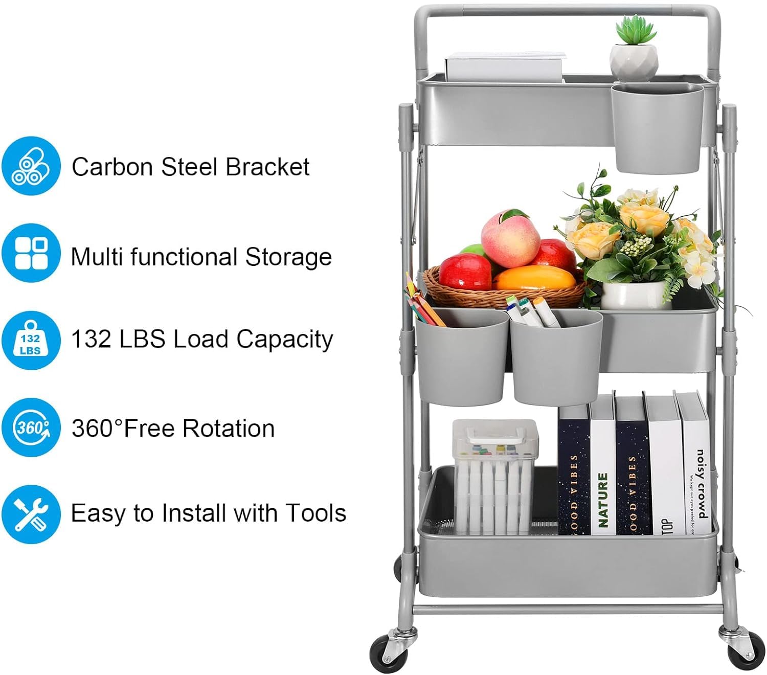 Shrivee Carrello da cucina a 3 livelli, carrello da servizio, pieghevole, in metallo, scaffale, organizer da cucina, carrello pieghevole multiuso per cucina, bagno, ufficio (grigio)