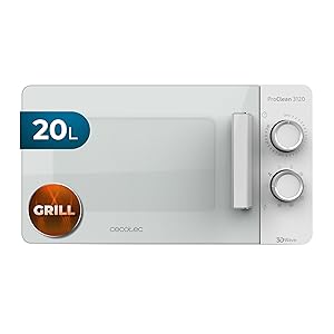 Cecotec Microondas blanco ProClean 3120. 20 L, Con Grill y Revestimiento Ready2Clean para mejor limpieza, Tecnología 3DWave, Diseño puerta FullWhite y detalles metálicos, 6 niveles