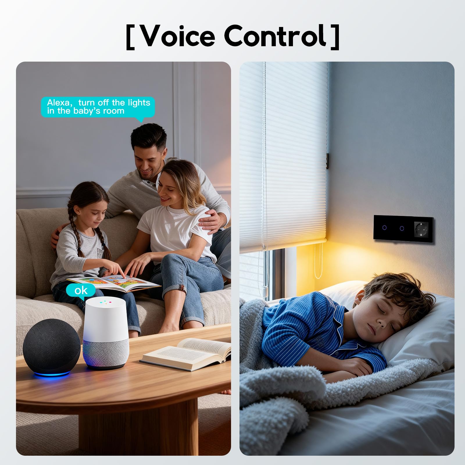 BSEED Normalne gniazdko z przełącznikiem światła Smart Alexa, kompatybilne z Alexa, Google Home, podwójny inteligentny włącznik światła ze szklanym ekranem dotykowym, 1-drożny, 1-drożny, 16 A, czarne