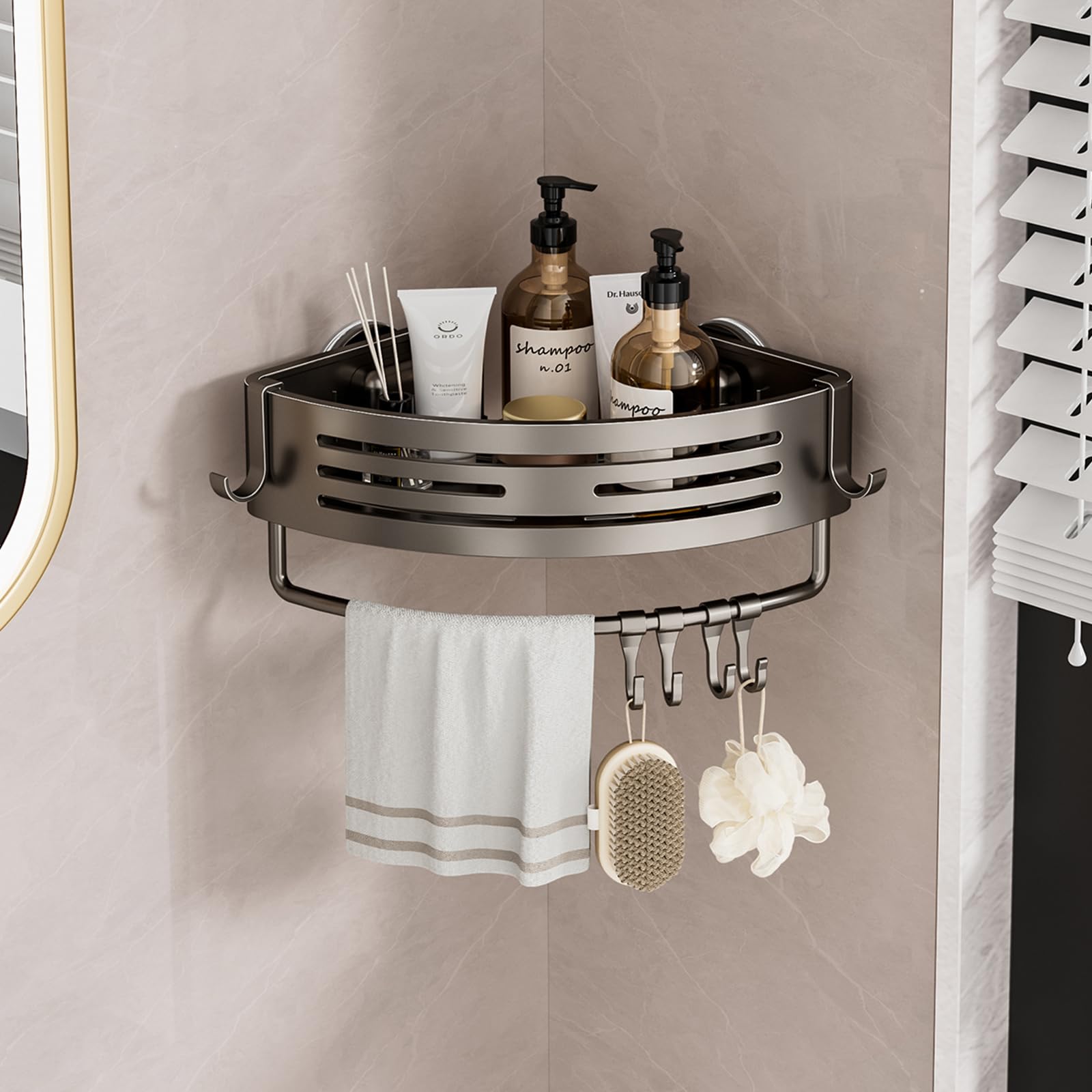 Shower Caddy Suction Cup No Drilling Rustproof Bathroom Shower Shelf Corner Shower Shelves with 6 Portable Hooks Removable