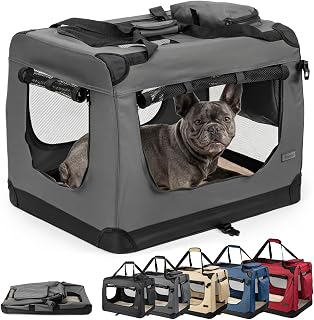 lionto Hundetransportbox, Faltbar, für Reise & Auto, 70x52x50 cm, Grau | Stabile Hundebox aus Stoff mit Netzfenstern, Tragegriffen, weicher Decke & Taschen, für Katzen & Hunde bis 15 kg geeignet