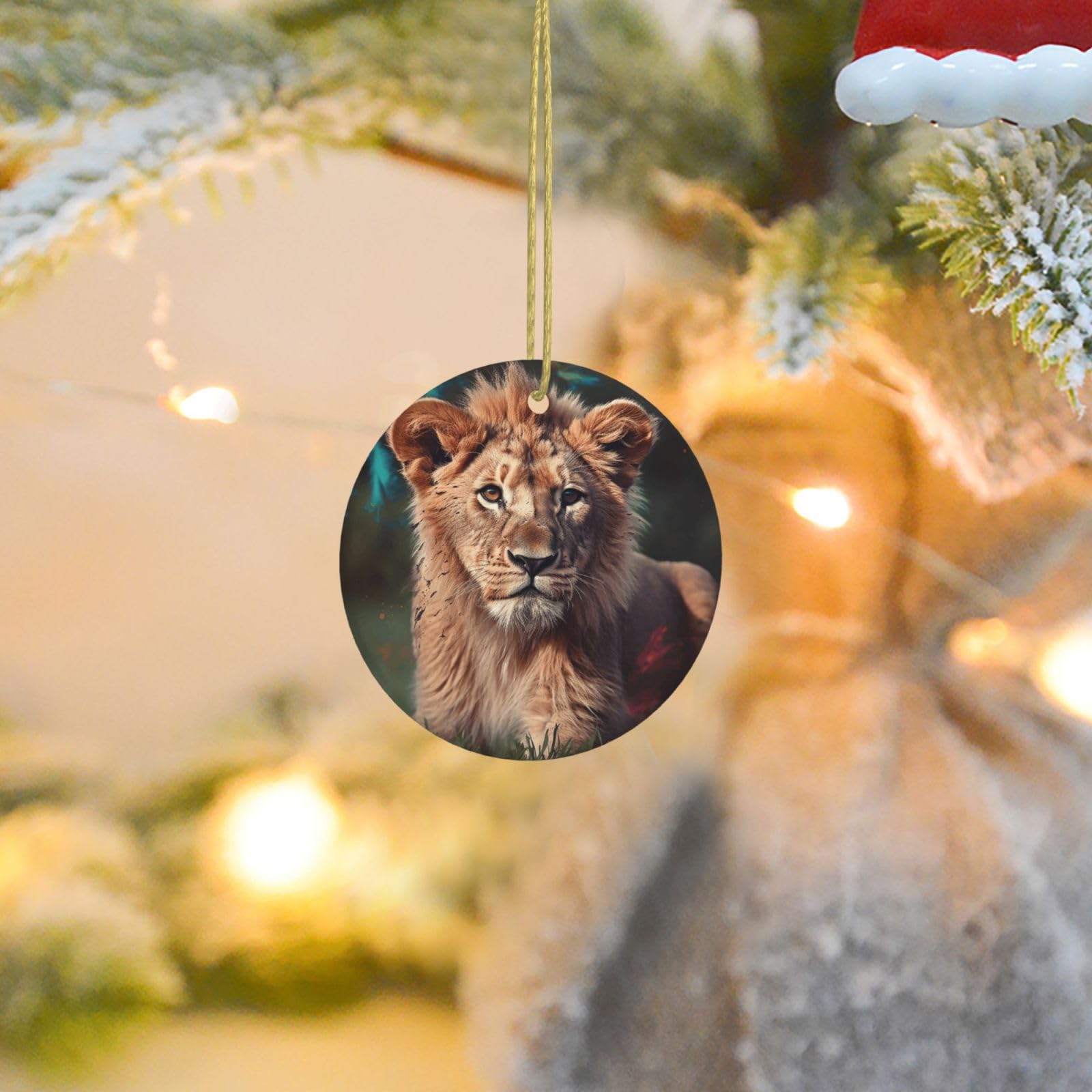 Christmas Ornaments for Christmas Tree Decoration Ceramic Hanging Art Lion Ornament with Gold Ribbon Crafts Round Pendant for Keepsake Gifts Glass Xmas Decor Party Supplies