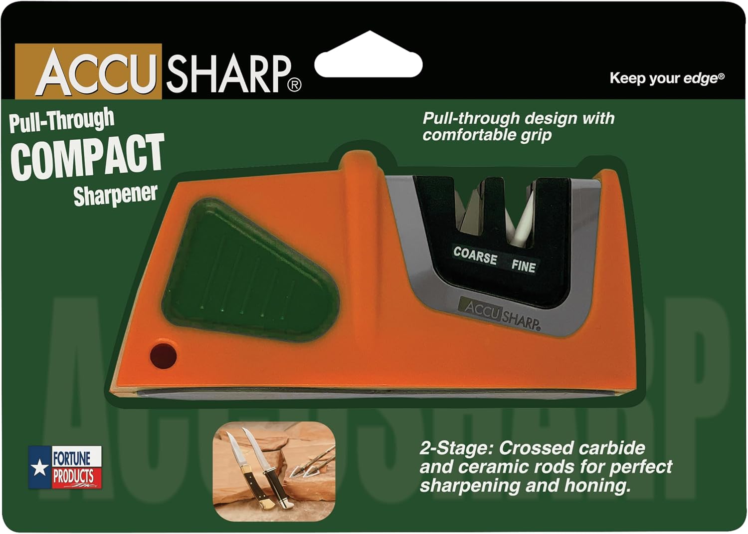 AccuSharp Compact Pull-Through 2-Stage Knife Sharpener - Diamond-Honed Tungsten Carbide Rust-Free Quickly Sharpens, Restores, Repairs & Hones Chef Knives, Orange/Green