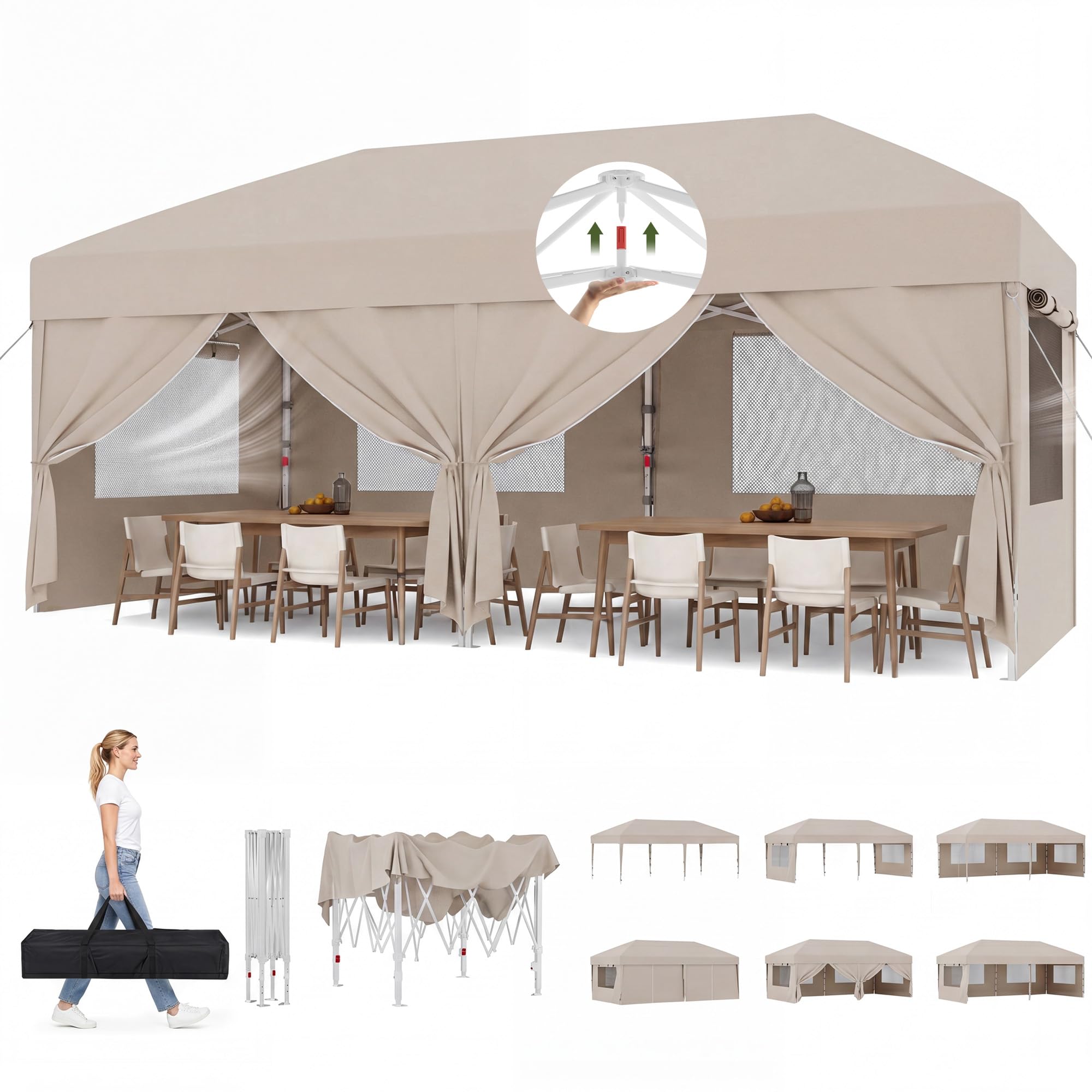 JUMMICO Pop Up Faltpavillon, 3 x 6 m Pavillon mit Netzfenstern zur Belüftung, UV-Schutz 50+, mit 4 Seitenwänden, wasserdicht stabil Winterfest，Faltbar Partyzelt Gartenzelt Gartenpavillon, Beige