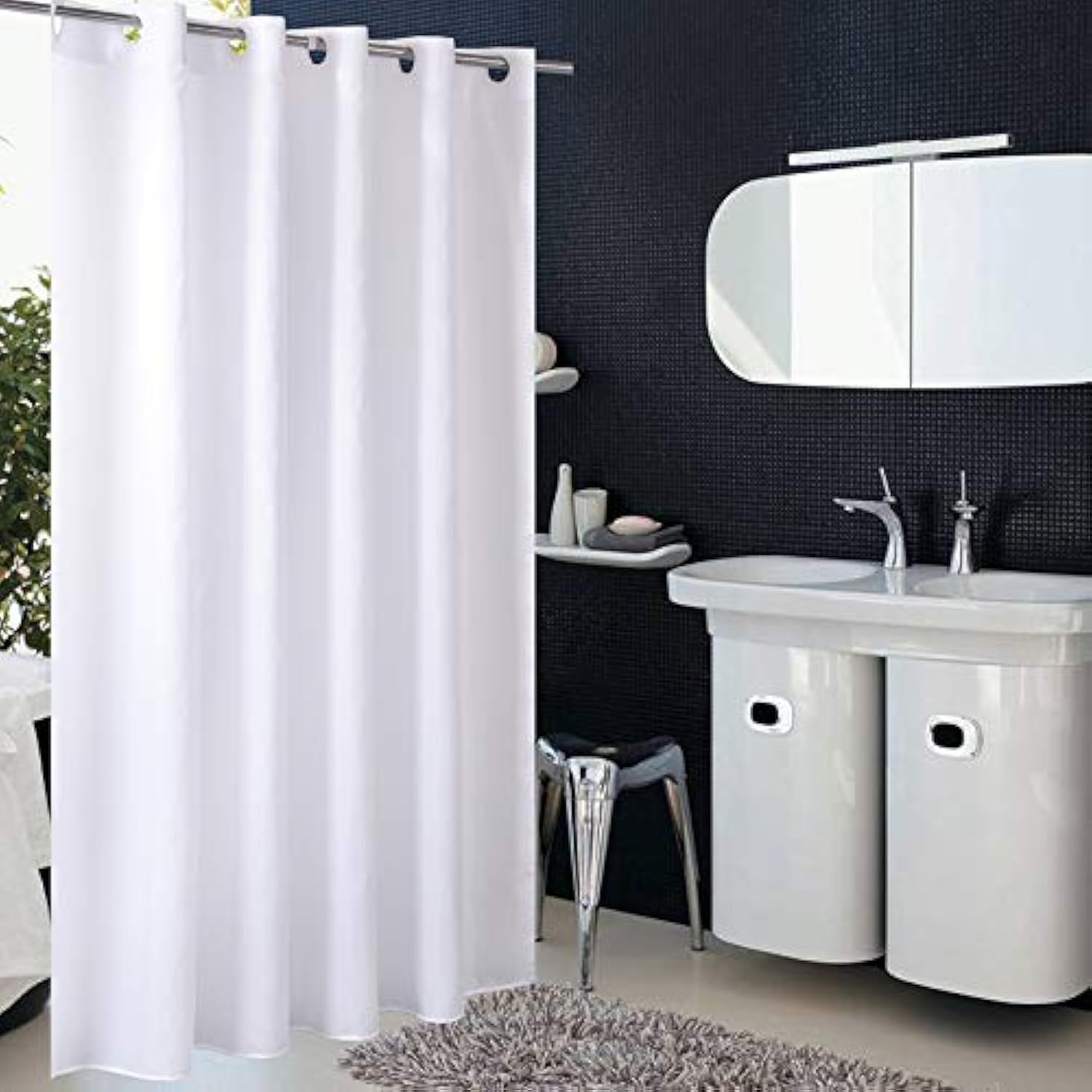 Homehold White Hookless Shower Curtain, Fabric Bath Curtain For Bathroom, Waterproof Curtain Liner (180 * 180 Cm)