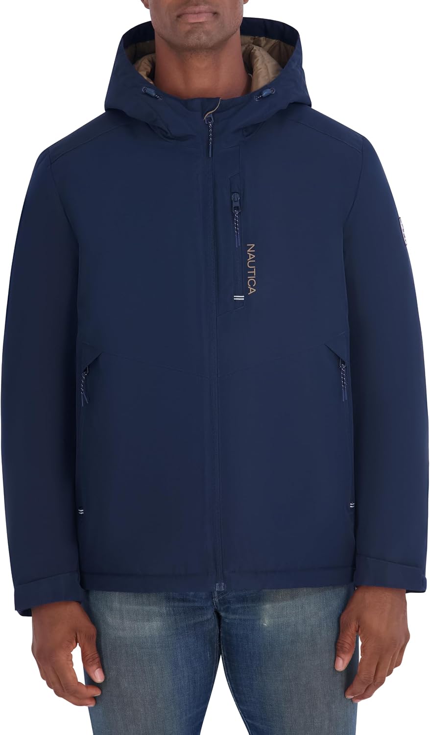 Nautica Men's Hooded Rain Jacket – Water Resistant Insulated Zip Front Coastal Coat