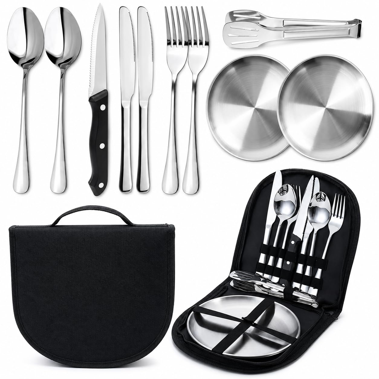 AURALIN Camping Cutlery Set for 2 Persons, 10P Silver Food-Grade Stainless Steel Picnic Tableware Kit with Plates, Forks, Spoons, Table Knives, Steak Clip and Zipped Carry Case