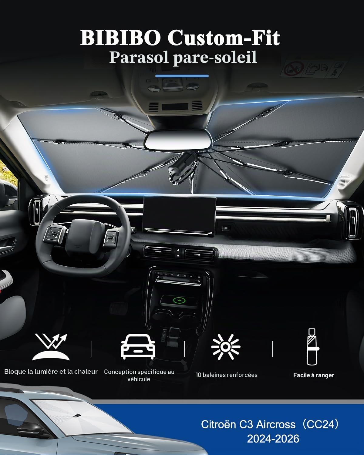 BIBIBO Compatible avec Citroën C3 Aircross 2024 2025 - Pare-Soleil Avant - Paroi Acoustique Avant - Pare-Brise CC24 - Pare-Soleil de Voiture C3 Aircross 2025 - Accessoires