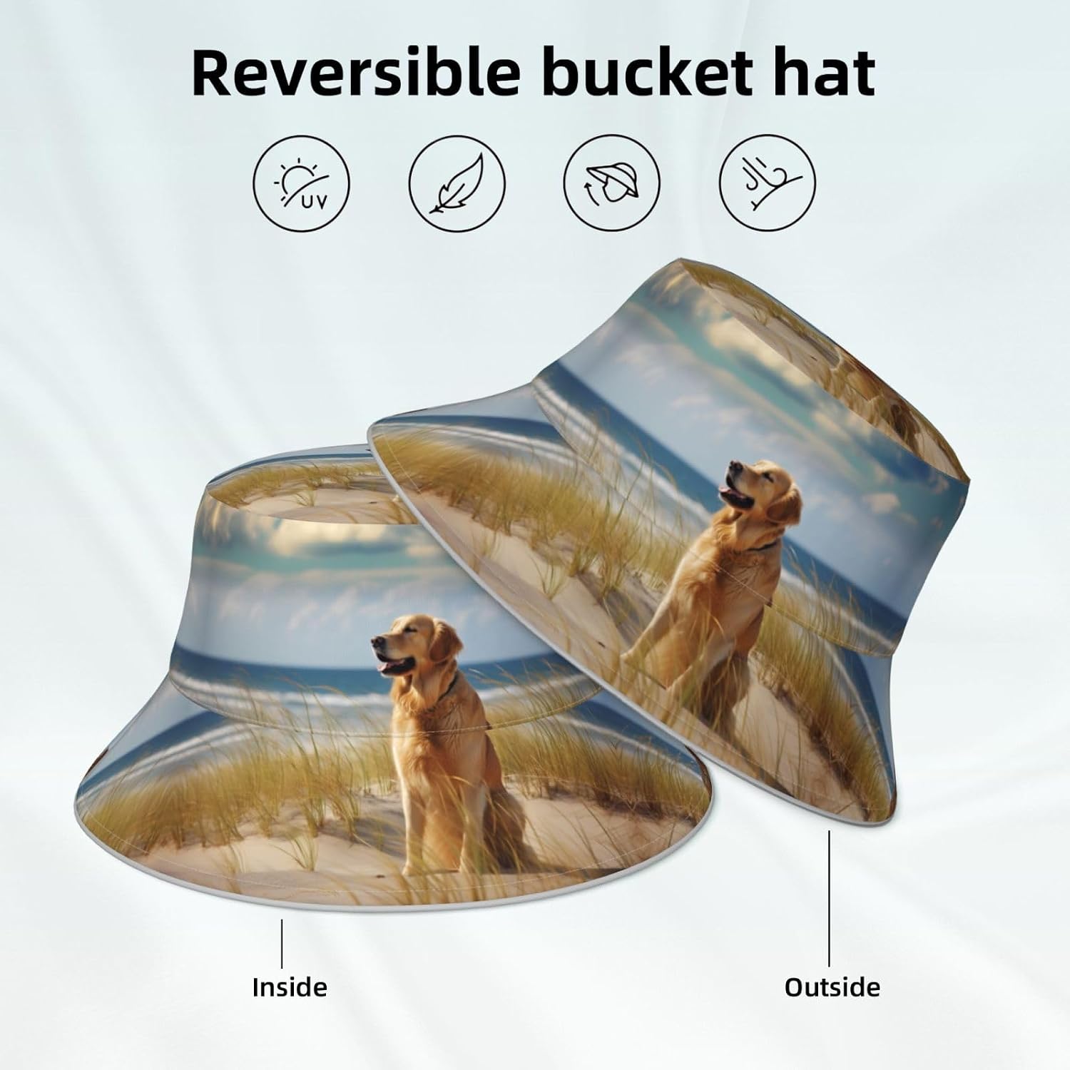 (Golden Retriever) Reflective Reversible Bucket Hat Foldable Breathable Stylish Two-Way Wear for Outdoor Travel Daily Activities Black
