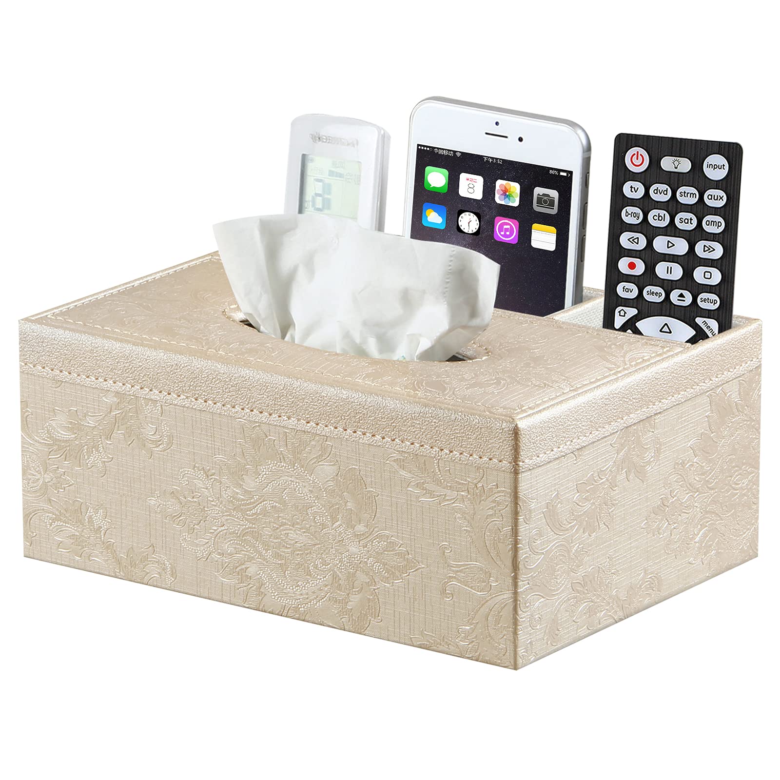 BLIENCE Rectangular Tissue Box Cover with Storage,Multifunction PU Leather Tissue Box Holder with Stationery Remote Control Box, Decorative Napkin Pen Remote Organizer for Home/Office Desk