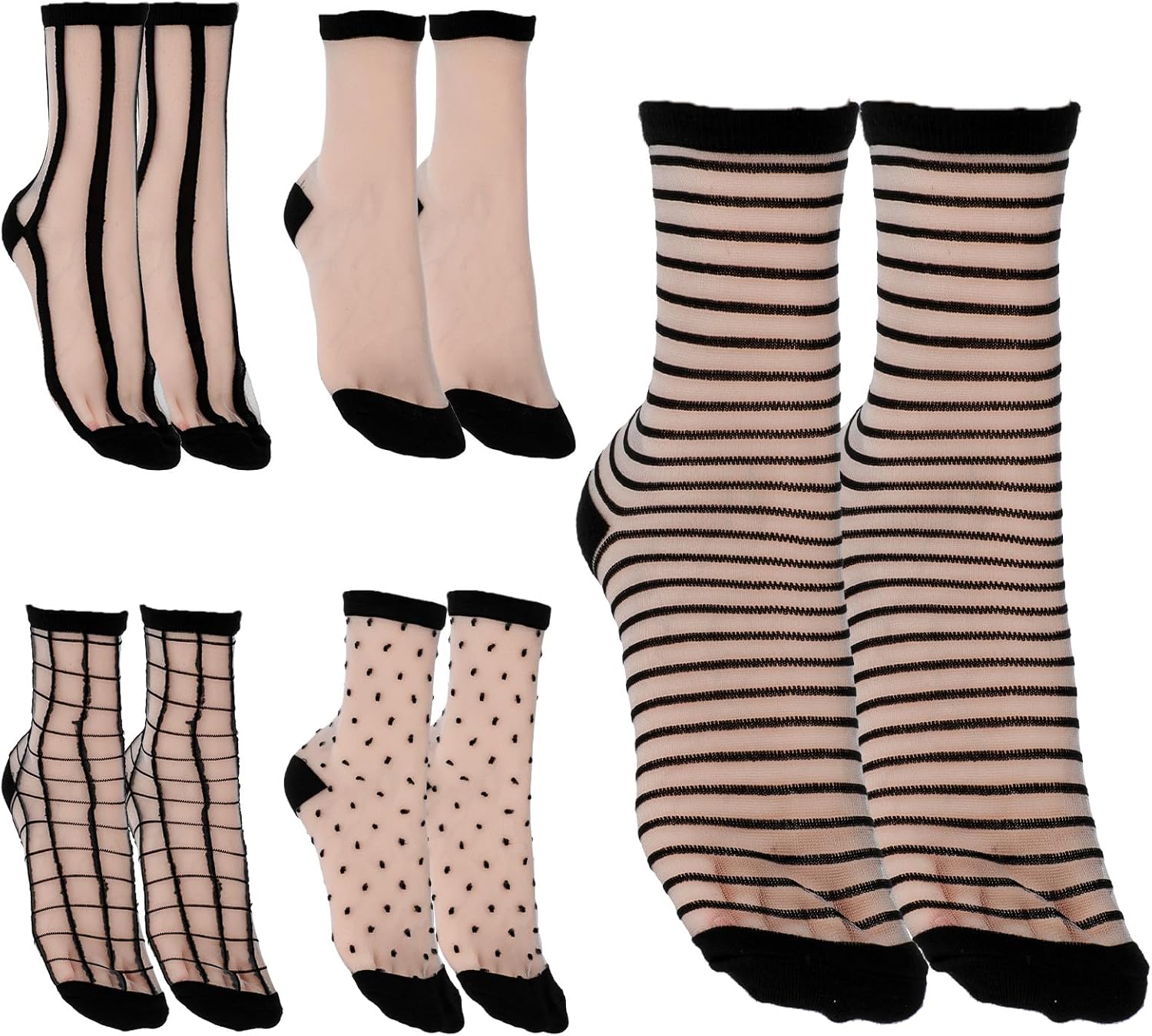 5pairs Sheer Socks for Women Black Sheer Ankle Socks Thin Nylon Transparent See Through Sock For Women Girls Striped Plaid Dot