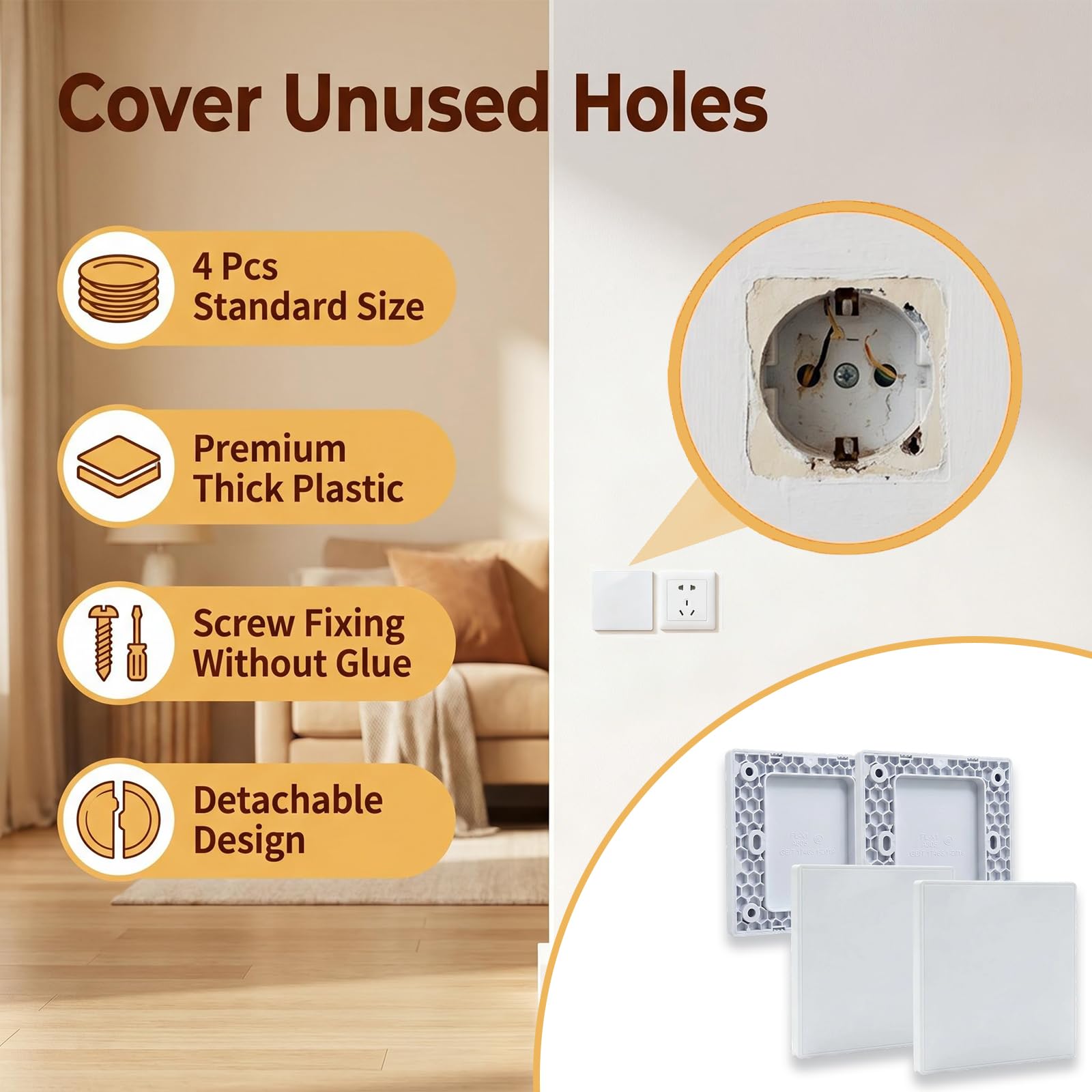 Tapa Ciega Enchufe Pared, Tapa Registro Electrico de 8,6 x 8,6 cm, Cubierta Ciega Empotrada de Plástico Sin Tornillos, Compatible con Enchufes o Interruptores No Utilizados (Blanco, 4 Unidades)