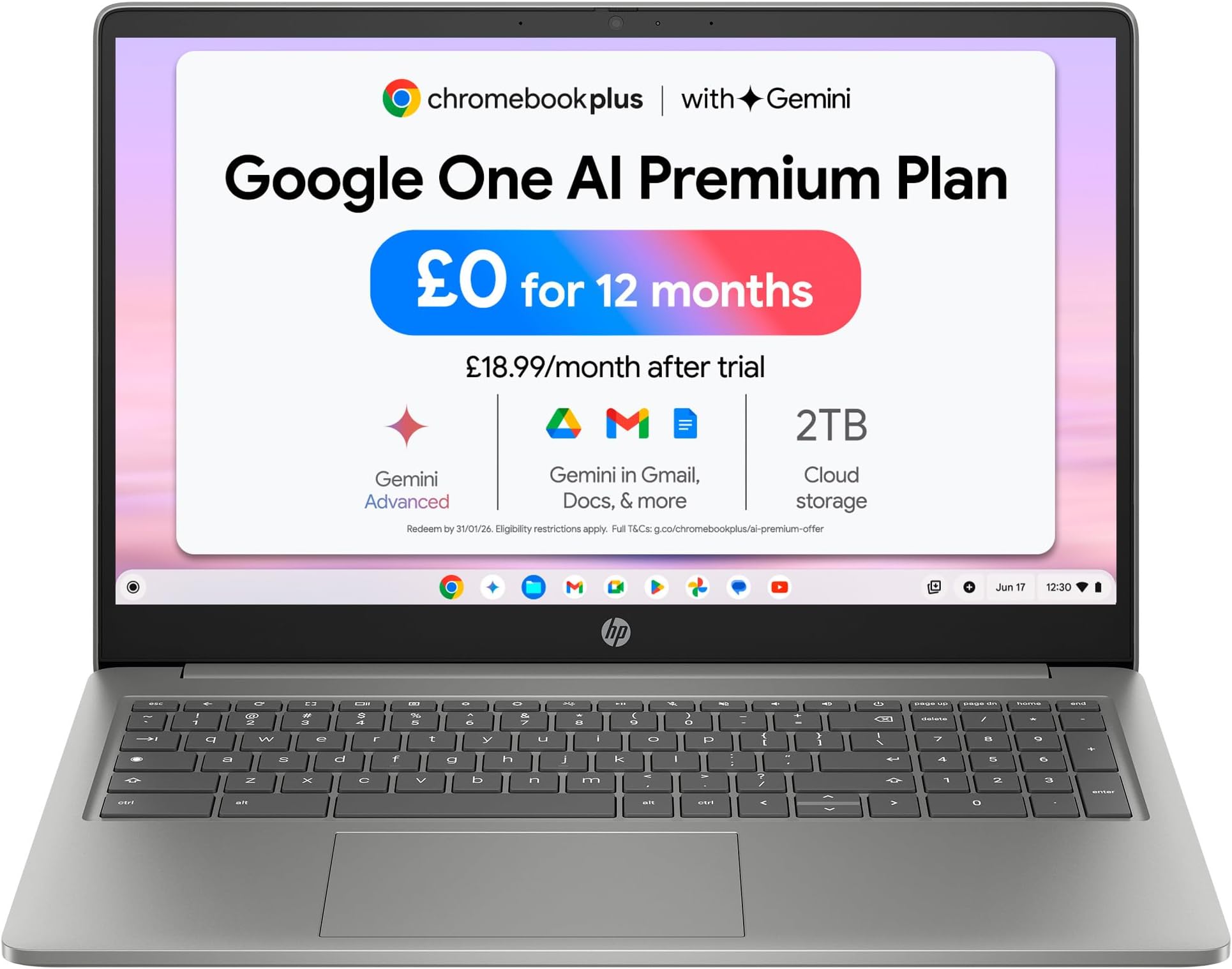 HPChromebook Plus 15.6", Intel Core i3-N305 Processor, 8 GB RAM, 128 GB Flash Storage, Intel UHD Graphics, FHD Display, Up to 13hrs battery, Chrome OS, Dual Speakers, Silver, 15b-nb0002sa