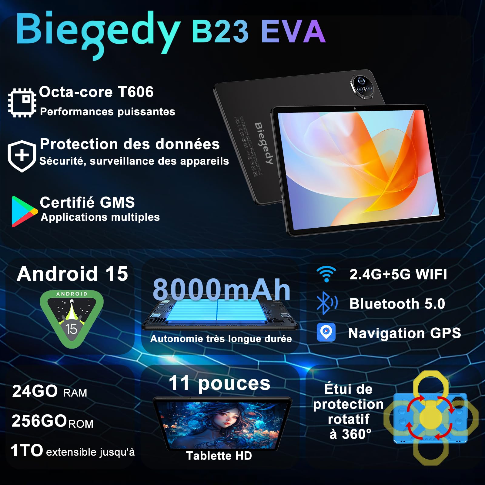 2026 Tablette 11 Pouces Android 15 Gemini AI, Tablette PC 24 Go RAM + 256 Go ROM (TF 2 to), Octa-Core 2,0 GHz, WideVine L1, 8000 mAh, Wi-FI 6, 5+13 MP, Face ID, GSM, 5G Wi-FI, BT 5.0, GPS-Bleu