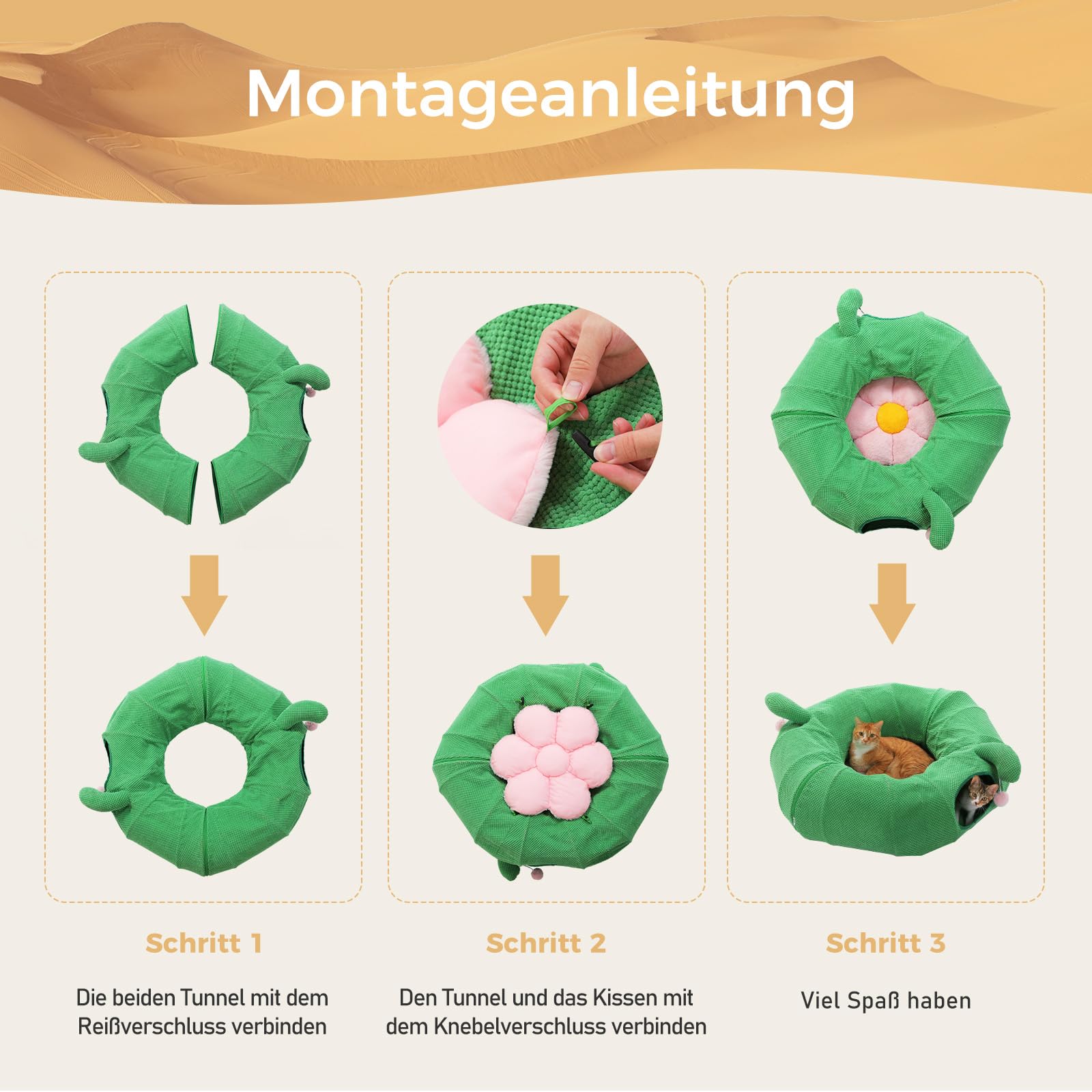PETEPELA Katzentunnel, Kaktus-Katzen-Donut-Tunnel, zusammenklappbarer Katzentunnel, Durchmesser 90cm mit Blumen-Weichmatte für Wohnungskatzen