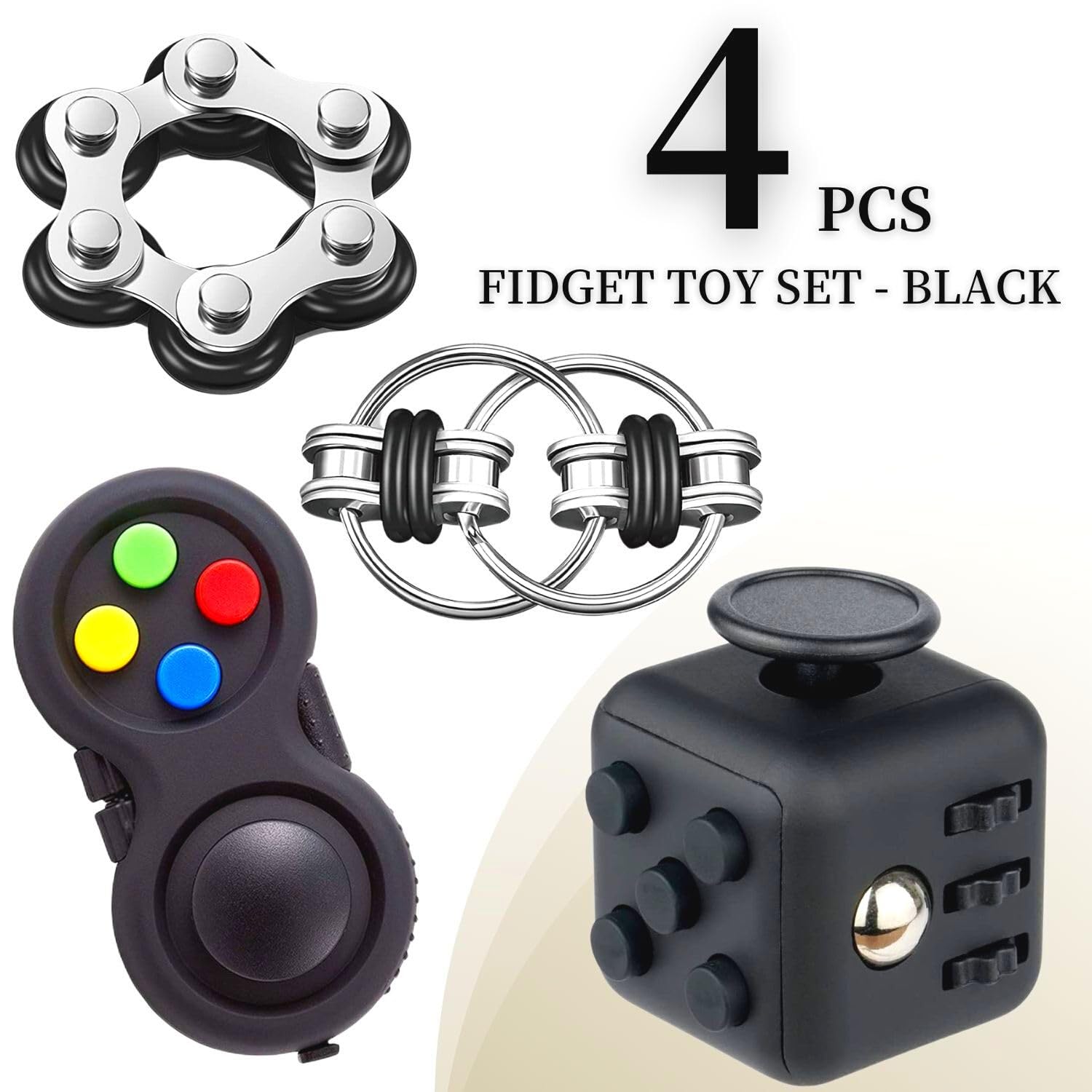 Yeefunjoy Fidget Toys zestaw 4 zabawek antystresowych, kontrolery Fidget Pad, sześć rolek i breloczków, antystresowe, dla dorosłych i dzieci (czarny)