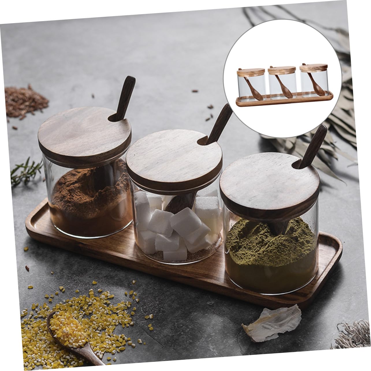 NOLITOY Glas Gewürzbehälter Satz Mit Holzdeckel Und Löffel Klares Vorratsglas Für Salz Pfeffer Zucker Multifunktionaler Gewürzaufbewahrungshalter Für Haushalt Und Küche