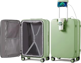 Checked Luggage with Cup Phone Holder and Charger Hard Shell Suitcases with Spinner Wheels, 24 Inch Avocado Green
