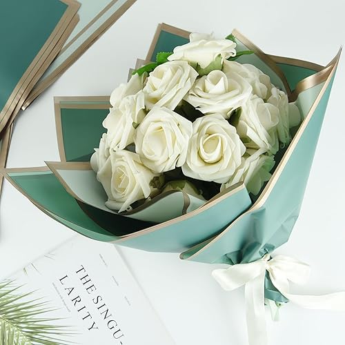 Miniatura 3 de ASTARON 30 hojas de papel de regalo de ramo de flores, papel de regalo de flores plegado con borde dorado, papel floral negro blanco marrón para