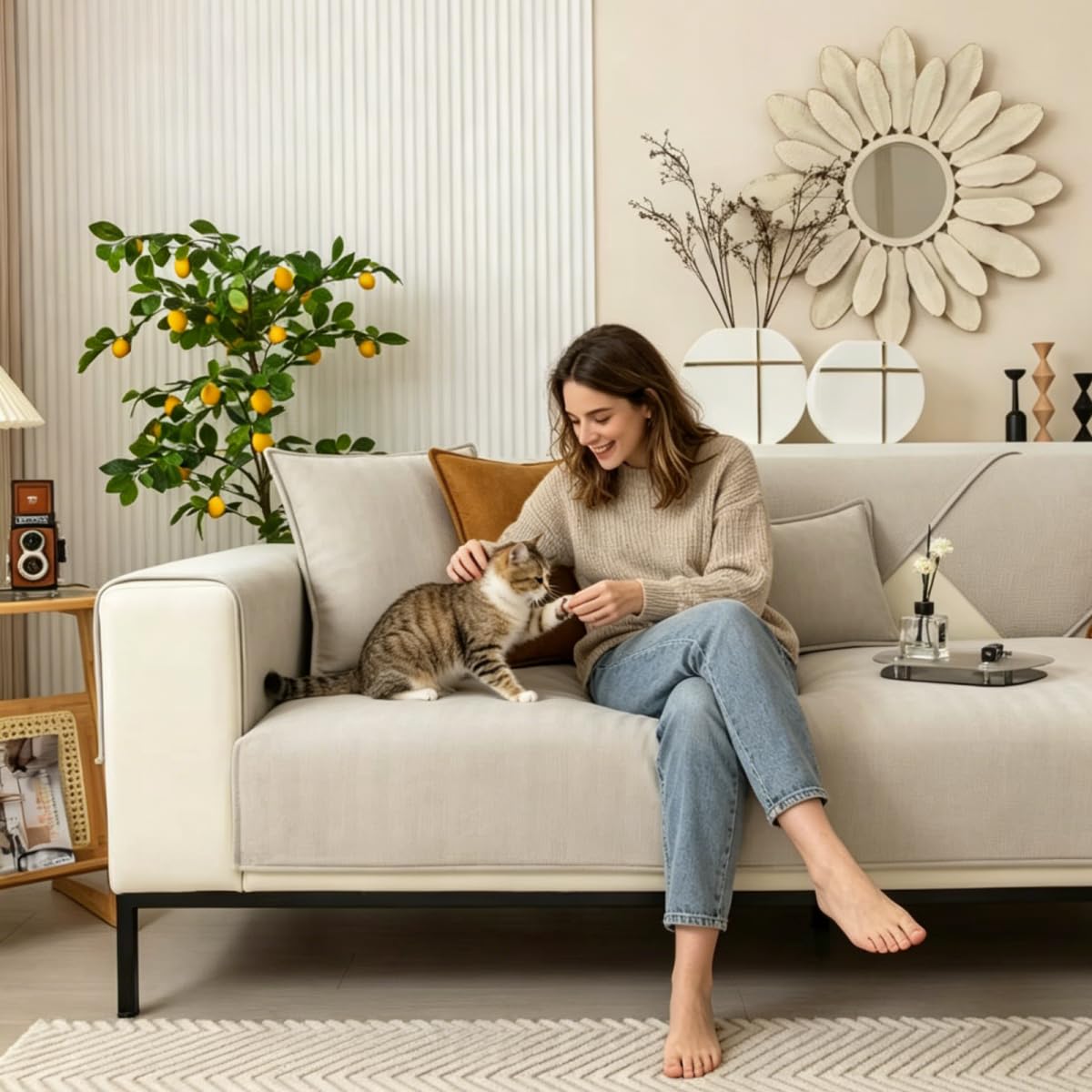 Gluhbirnen Herringbone Chenille Fabric Furniture Protector, Universal Non-Slip L Shape Couch Protector, Funny Sofa Cover, Milk Tea Color, 70 * 70CM — view 8