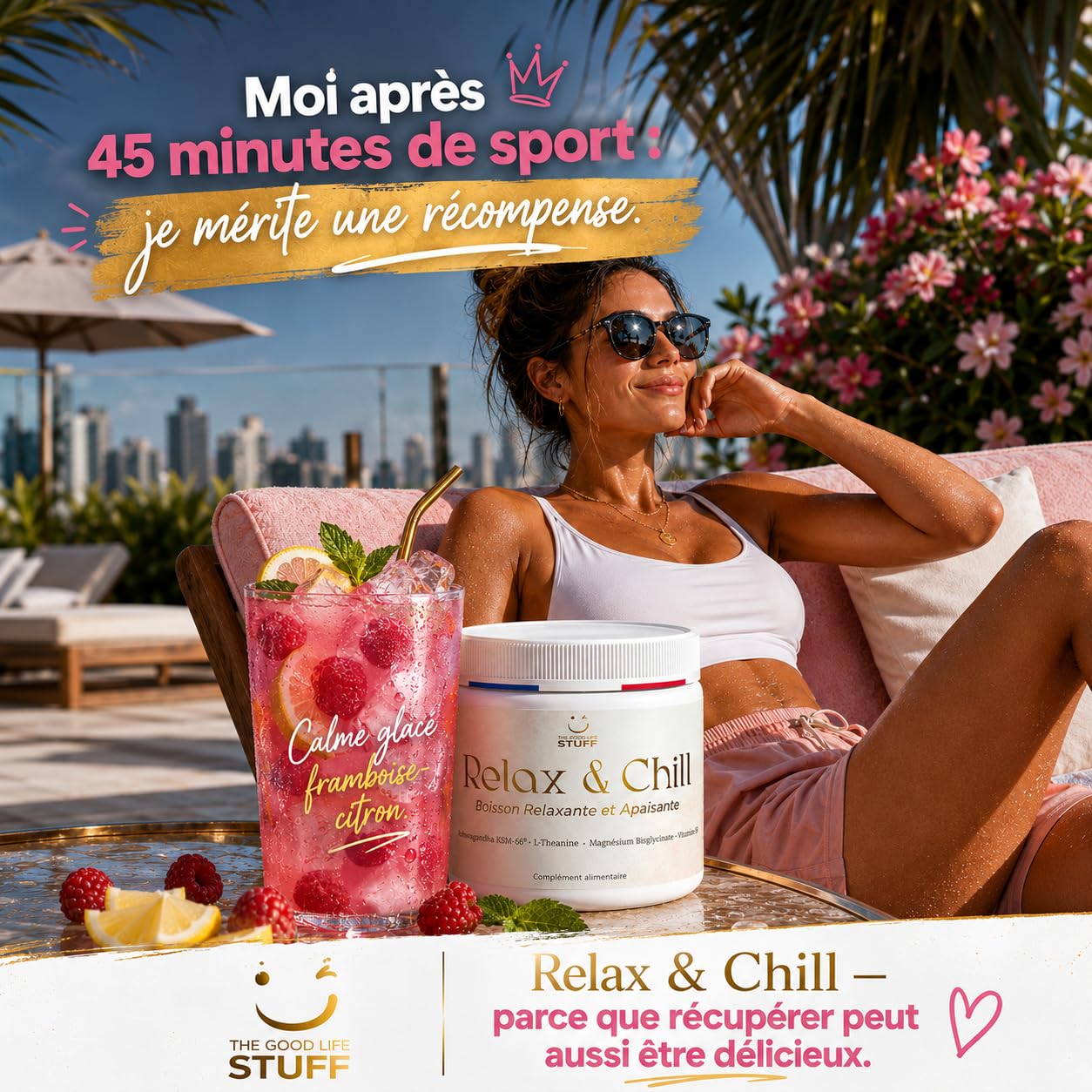 Relax & Chill Boisson Relaxation Anti-Stress/Ashwagandha KSM-66, L theanine, Magnesium Bisglycinate & Vitamine D/Baisse Cortisol & Stress, Améliore Détente et Qualité du Sommeil/Sans Cafeine ni Sucre