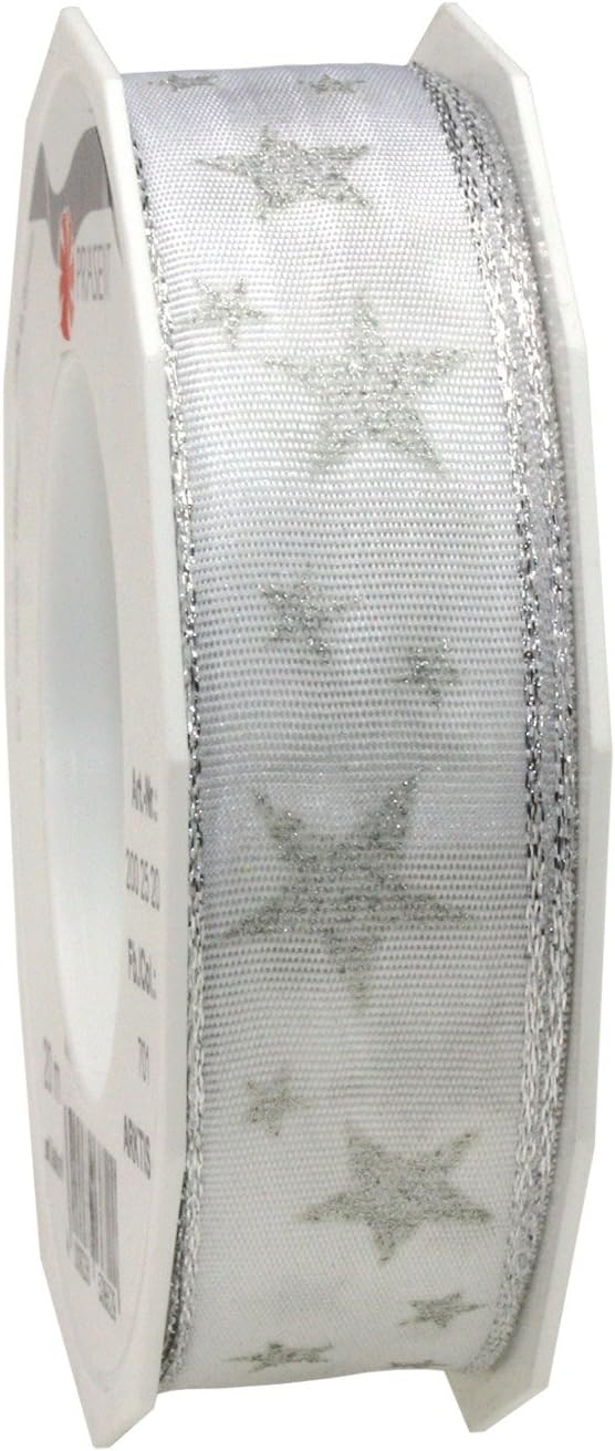 Prasent 40 mm 20 m Arktis Wired Stars Decor Taffeta with Silver Edges, White