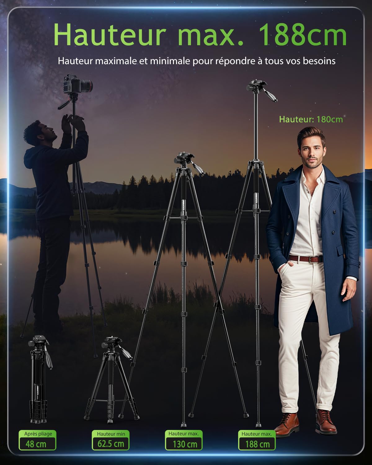 CAMBOFOTO Trépied Compact pour Appareil Photo 188 cm, Tête Panoramique 360° - Léger (1.4 kg) et Stable, Design Pliable avec Sac de Transport, Compatible DSLR/Smartphone/Caméra Vidéo (Noir)