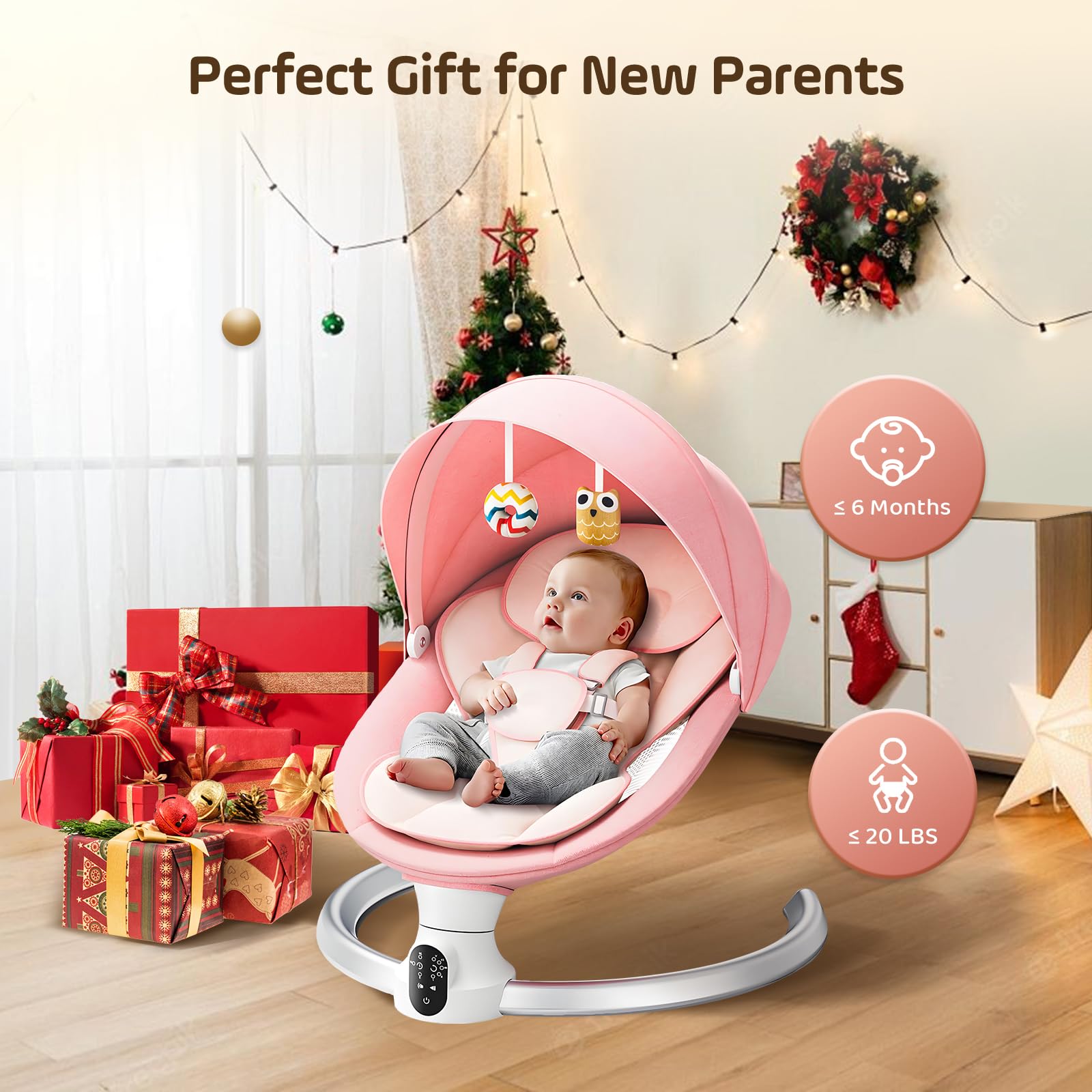 Sdraietta Neonati Elettrica 0-9 kg, Dondolo Neonati Elettrico con Telecomando e Bluetooth, Sdraietta con 5 Ampiezza di Dondolio e Cintura di Sicurezza a 5 Punti,Rete per Insetti (Rosa)