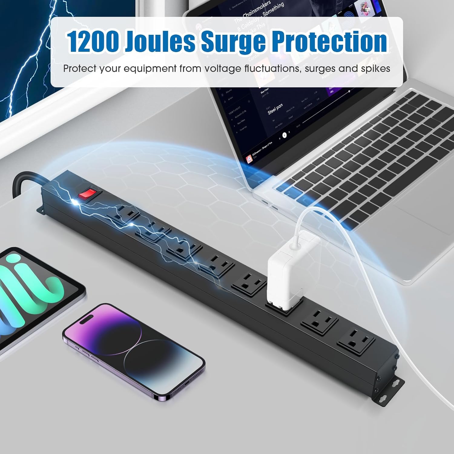 HHSOET 8 Outlet Metal Wall Mount Power Strip, Surge Protector Long Power Strip with Switch, Heavy Duty Wide Spaced Surge Protector, 10 FT SJT 14AWG Black Spring Cord.