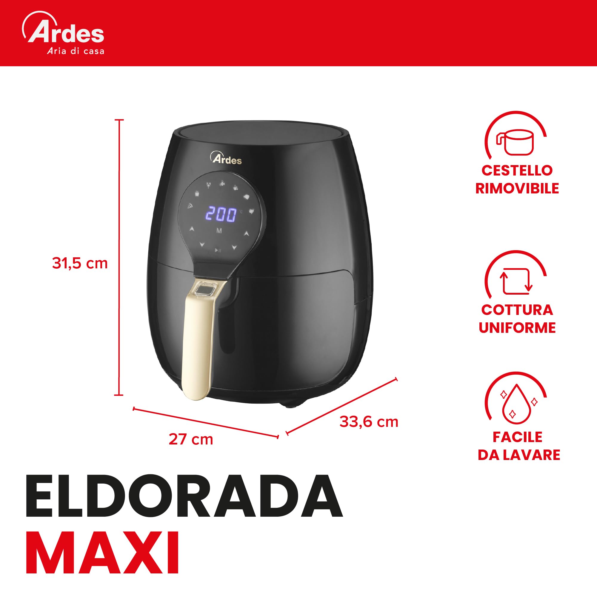 Ardes Eldorada Maxi AR1K33 - Friggitrice ad aria 5 litri - Airfryer con tecnologia Rapid Air - Air fryer 7 in 1, temperatura e timer regolabili, display digitale touch