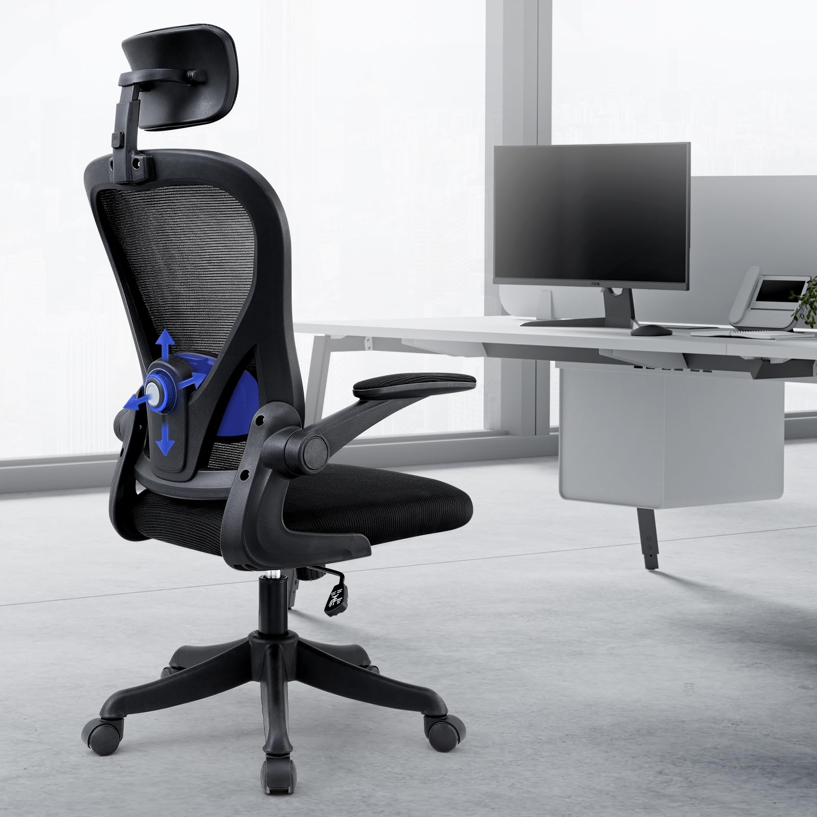 SOSINYA Silla De Oficina Ergonómica,Silla De Escritorio con Reposacabezas Ajustable, Plegable,Soporte Lumbar Ajustable,Silla Giratoria De Malla 360°,hasta 120Kg (519-BB)