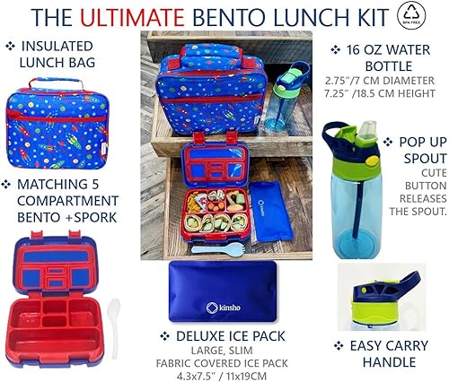 Miniatura 2 de Kinsho - Juego de lonchera bento, botella de agua y bolsa de hielo, 5 secciones de porciones, bandeja de plástico desmontable, para niños en edad