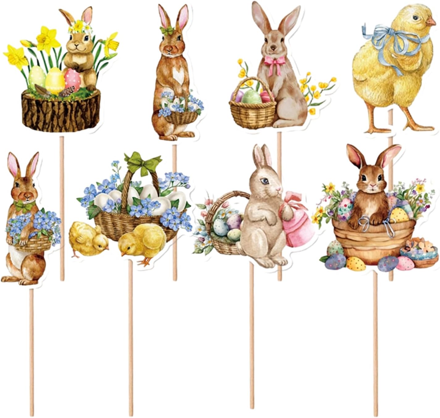 awakentti 8PCS Rabbit Cupcake Decoration, Room Ornaments Cake Picks with Clear Printing, Easter Cupcake Toppers for Photo Wall, Photo Booth Background, Candy Box