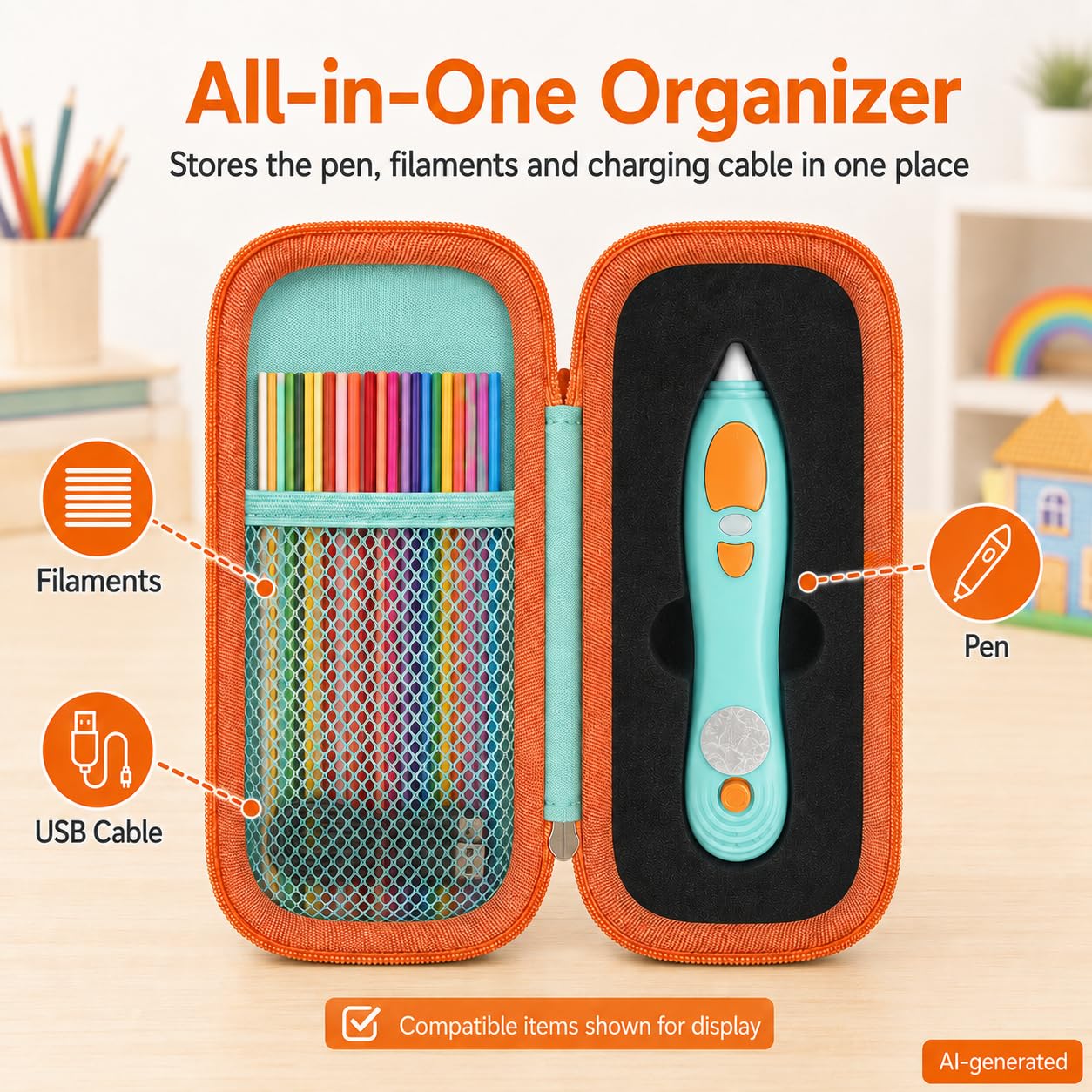 GWCASE Custodia compatibile con 3Doodler Start+ Essentials (2024 2023) Penna da stampa 3D per bambini, organizer da viaggio per confezioni di ricariche di filamenti, caricabatterie USB (solo scatola