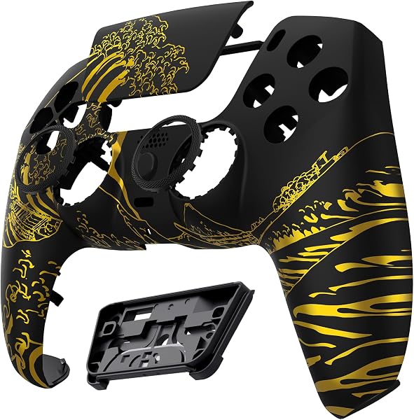 eXtremeRate LUNA Redesigned Front Shell Touchpad Compatible with ps5 Controller BDM-010 020 030 040 050, The Great GOLDEN Wave Off Kanagawa - Black Replacement Cover Compatible with ps5 Controller - 5