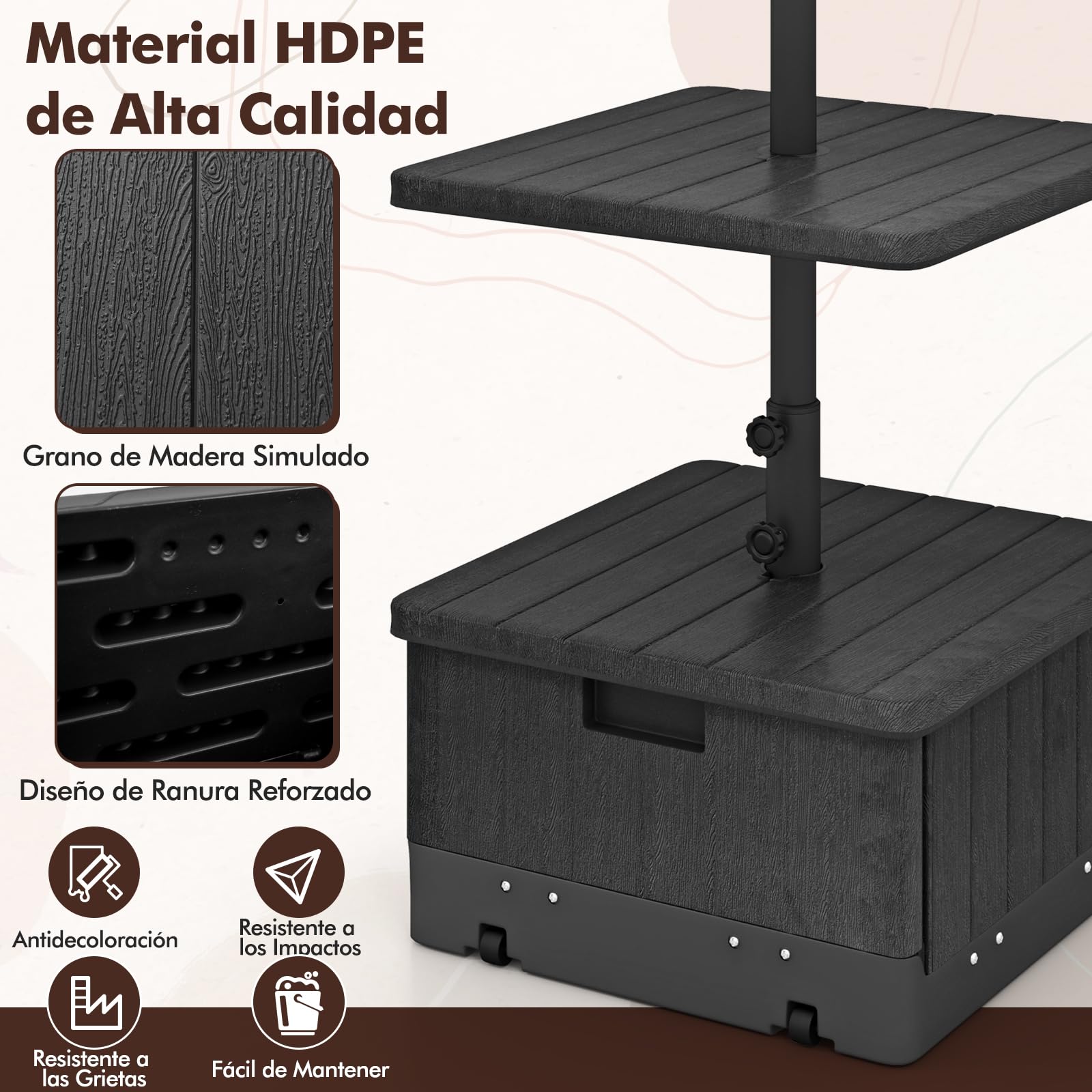 GOPLUS Base De Sombrilla Móvil Rellenable De Alta Resistencia, Soporte Para Sombrilla Con Ruedas Y Asa, Bandeja De Mesa, 2 Perillas Ajustables, Para Poste De Diámetro. 38mm/48mm (Negro)