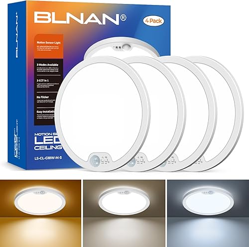 BLNAN Lámpara de techo con sensor de movimiento con cable, 8.7 pulgadas, 3000 K, 4000 K, 5000 K, seleccionable, lámpara LED de montaje empotrado,