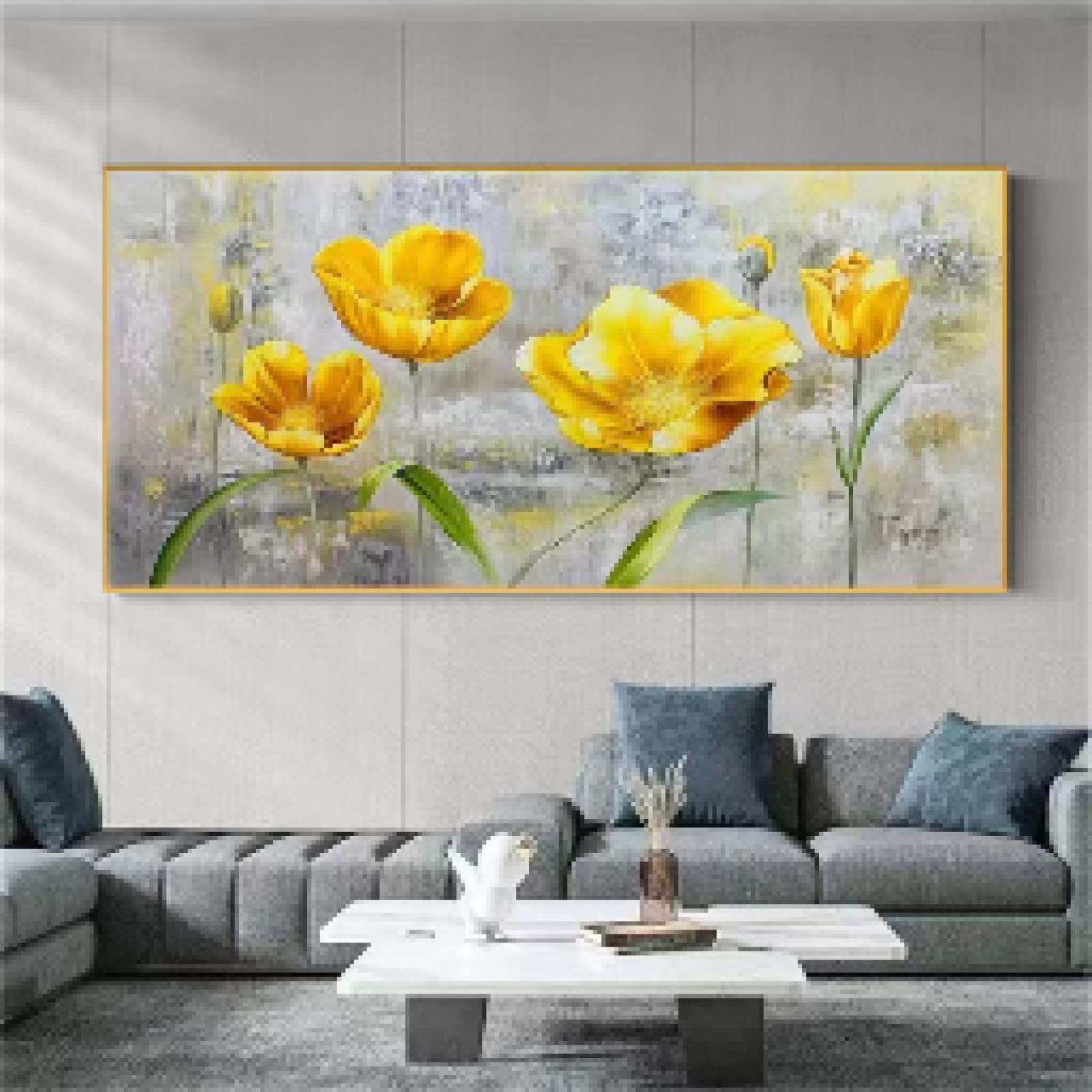 Impresiones enmarcadas de moda Decoración abstracta del hogar para la sala de estar - Pinturas al óleo de flores sobre lienzo Imagen de arte de pared grande 20x40cm (8x16in) con marco